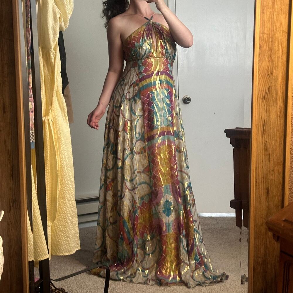 Gorgeous 100% Silk Gold Multicolor Nicole Miller Maxi Dress Formal Wedding Guest